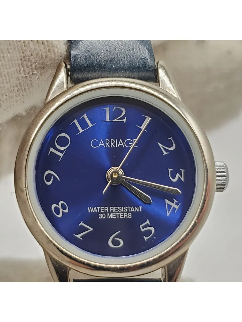 Carriage Quartz Watch Womens 22mm Blue Dial Silver Tone New Battery
